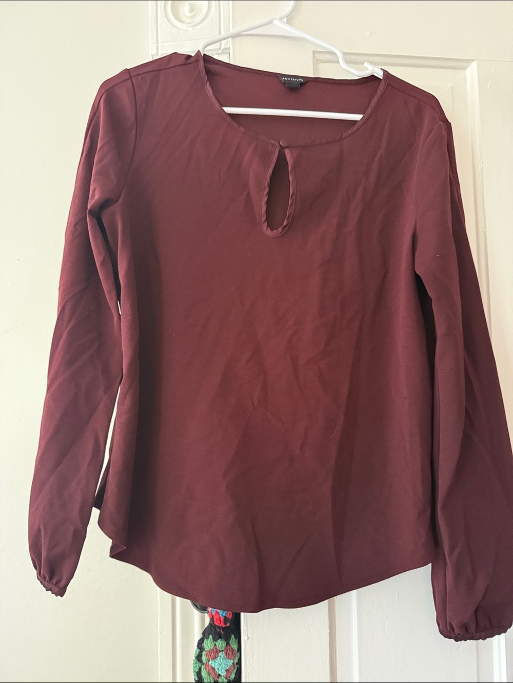 Ann Taylor Long Sleeve Keyhole Top - Burgundy